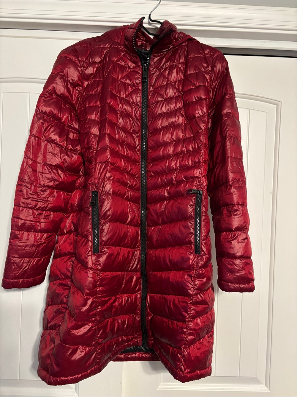 Calvin Klein Shiny Red Quilted Long Puffer with Hood